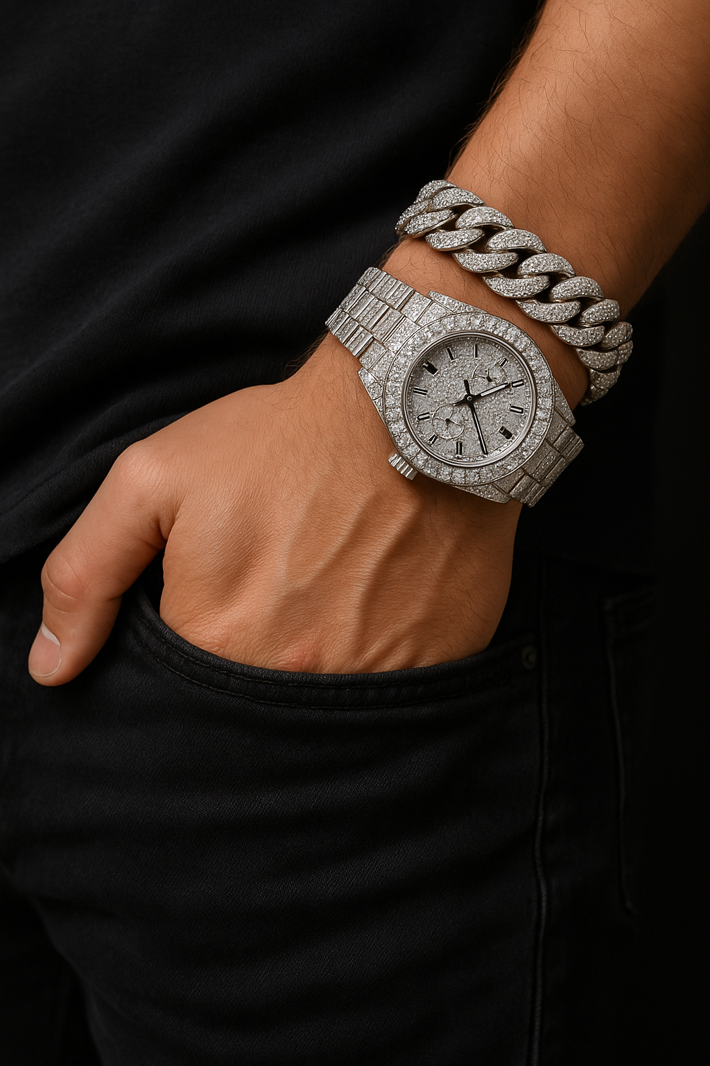 Hand wearing a silver watch and bracelet on a black background